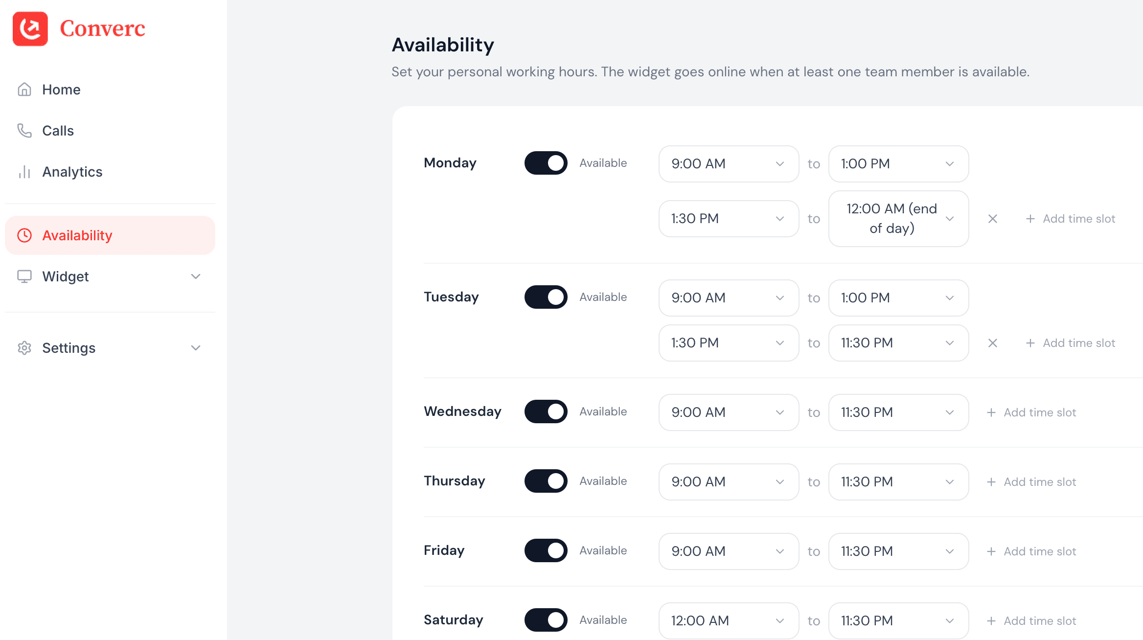 The Availability settings page in the Converc dashboard