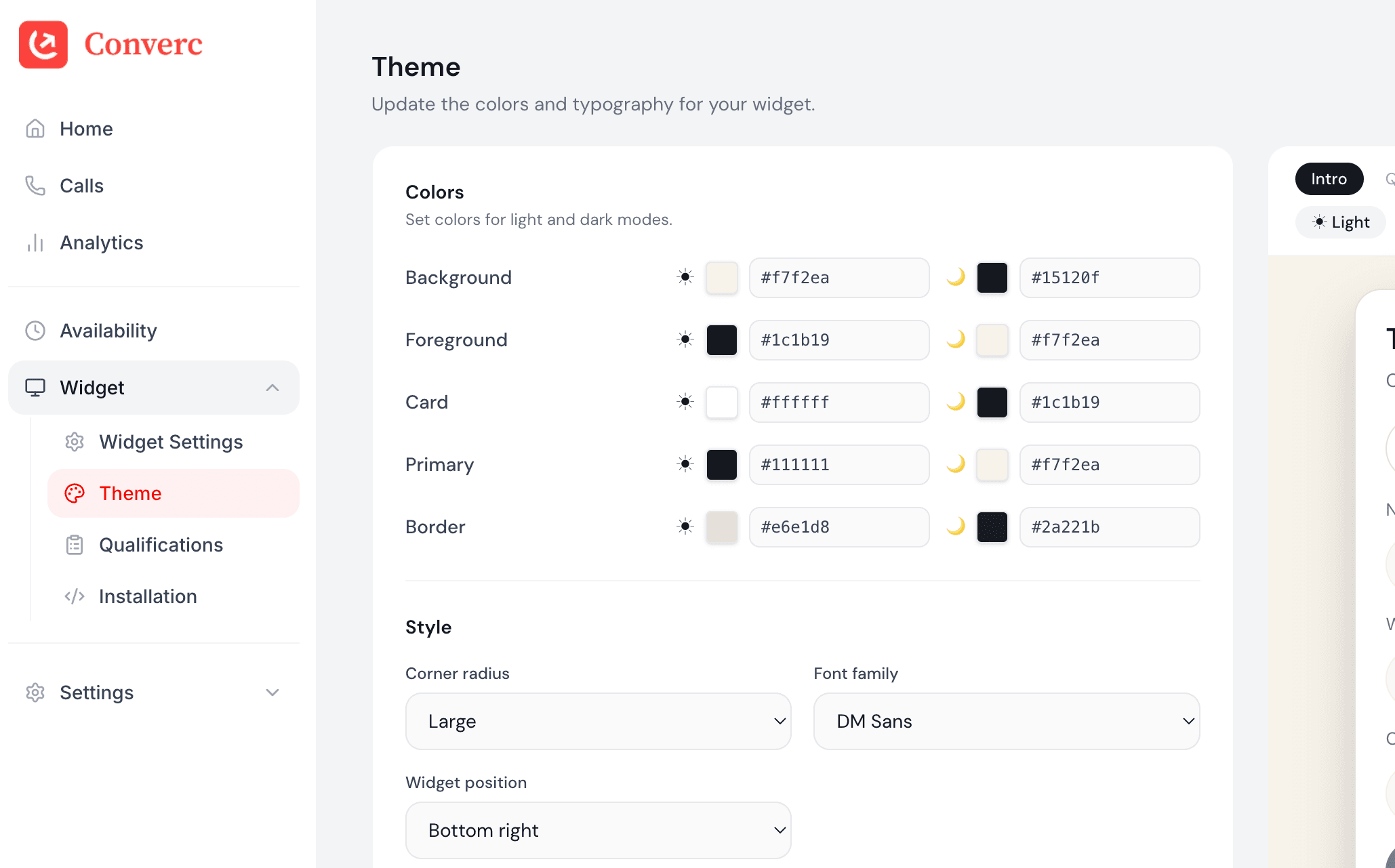 Widget Theme settings in the Converc dashboard