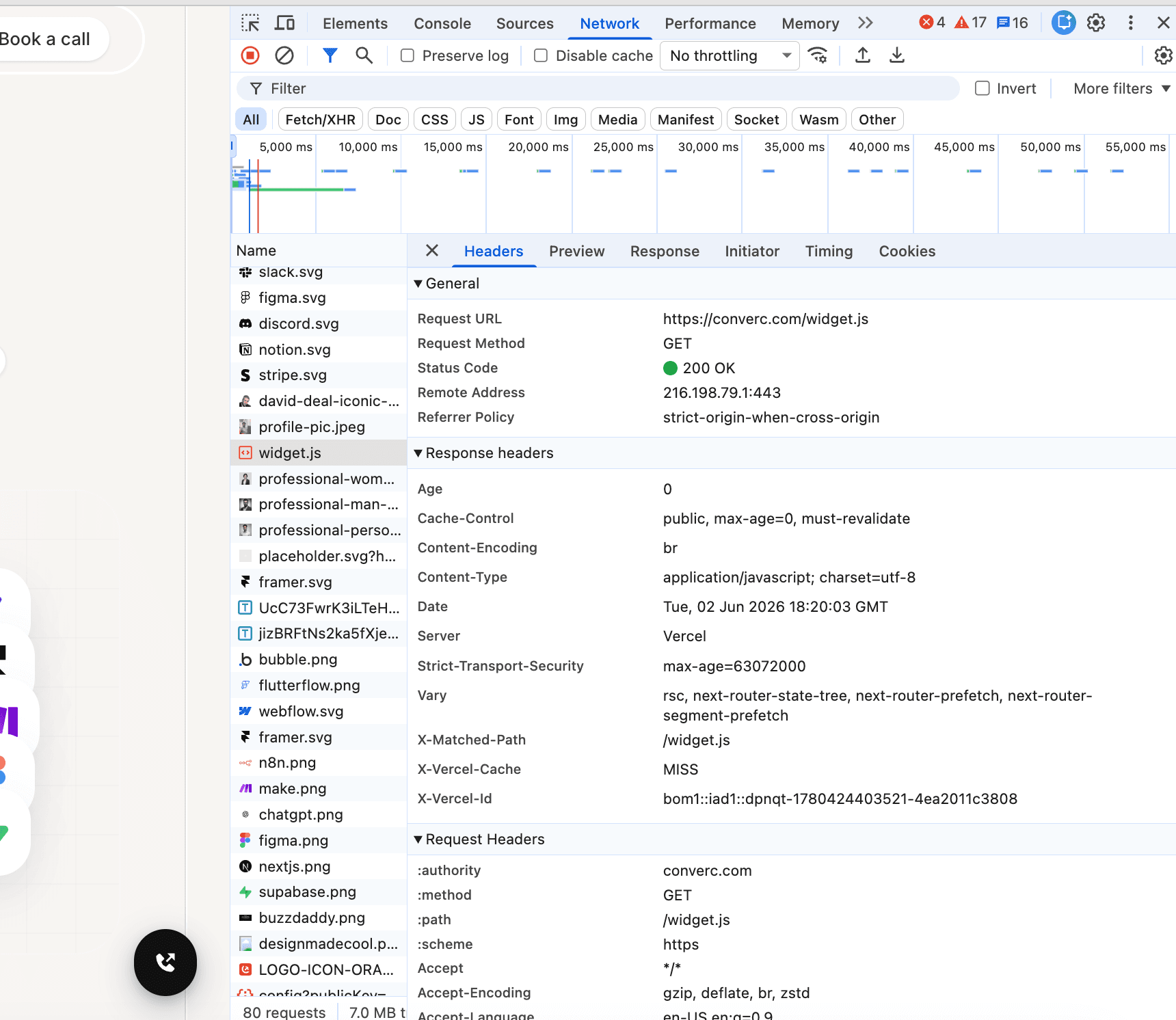 DevTools Network panel showing widget.js returning 200