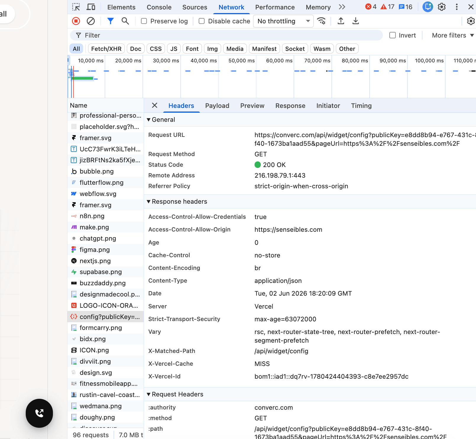 DevTools Network panel showing the widget config request returning 200
