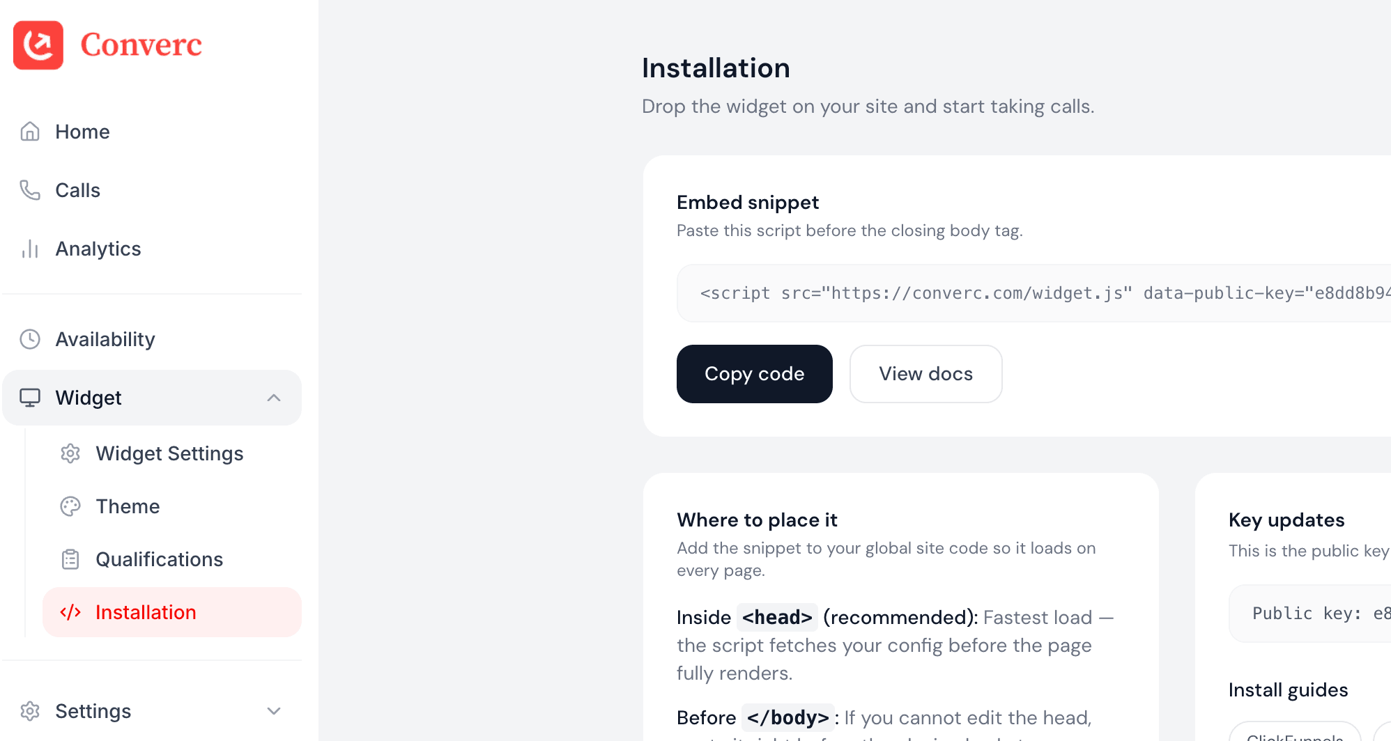 The Installation page in the Converc dashboard