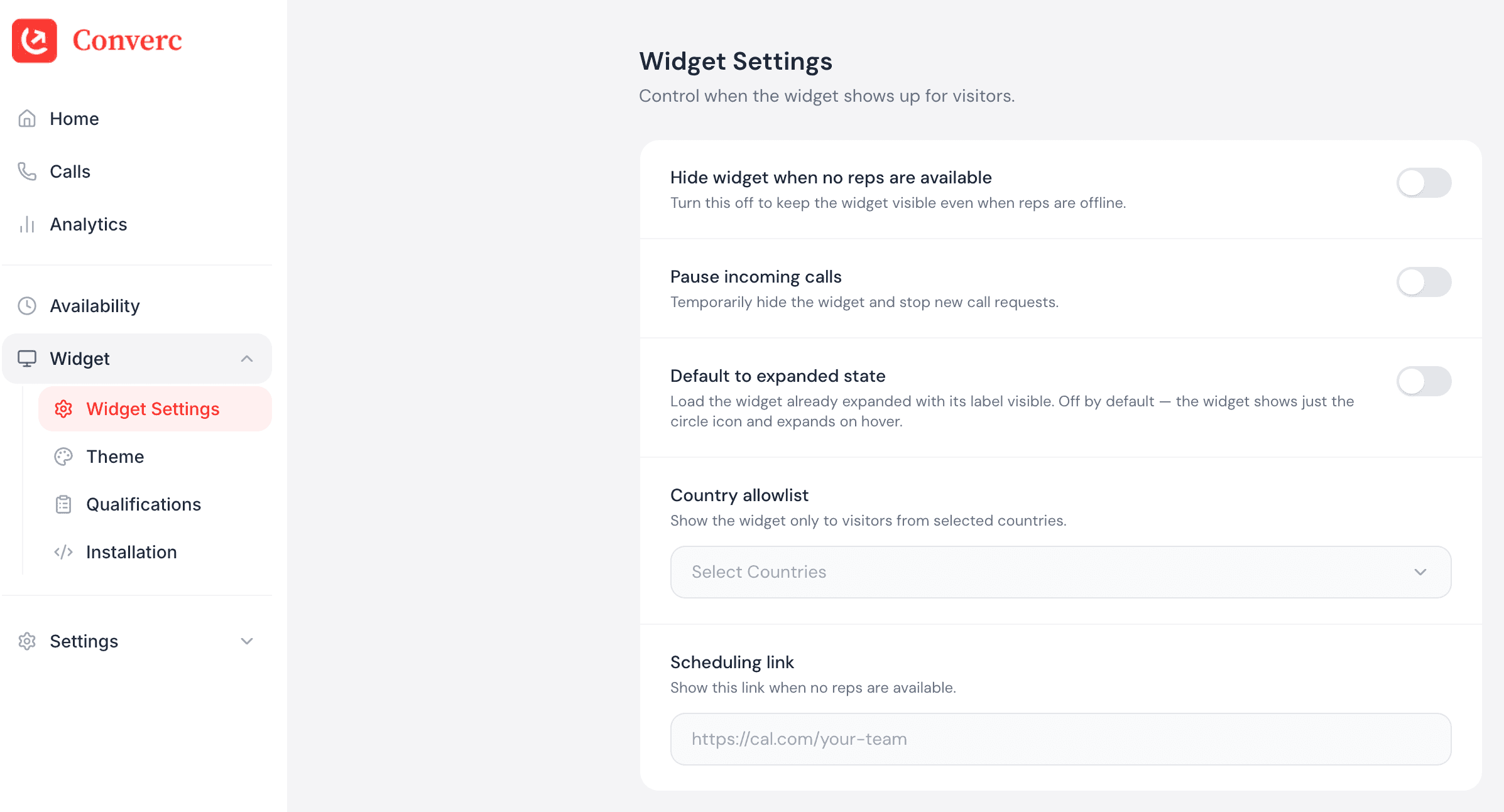 Widget Settings in the Converc dashboard